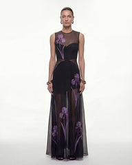 Sheer Floral Print Paneled Maxi Dress - Black