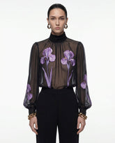 Iris Print Sheer High Neck Blouse - Black/Purple
