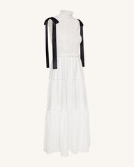 High-Neck Sleeveless Smocked Three-Tier Maxi Dress - White