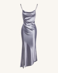 Liquid Satin Cowl-Slit Gown - Silver
