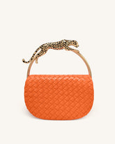 Ione Leopard Shaped Hardware Handle Woven Top Handle Bag - Orange