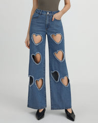 Sophia Embellished Heart Cut-Out Denim Jeans - Medium Blue