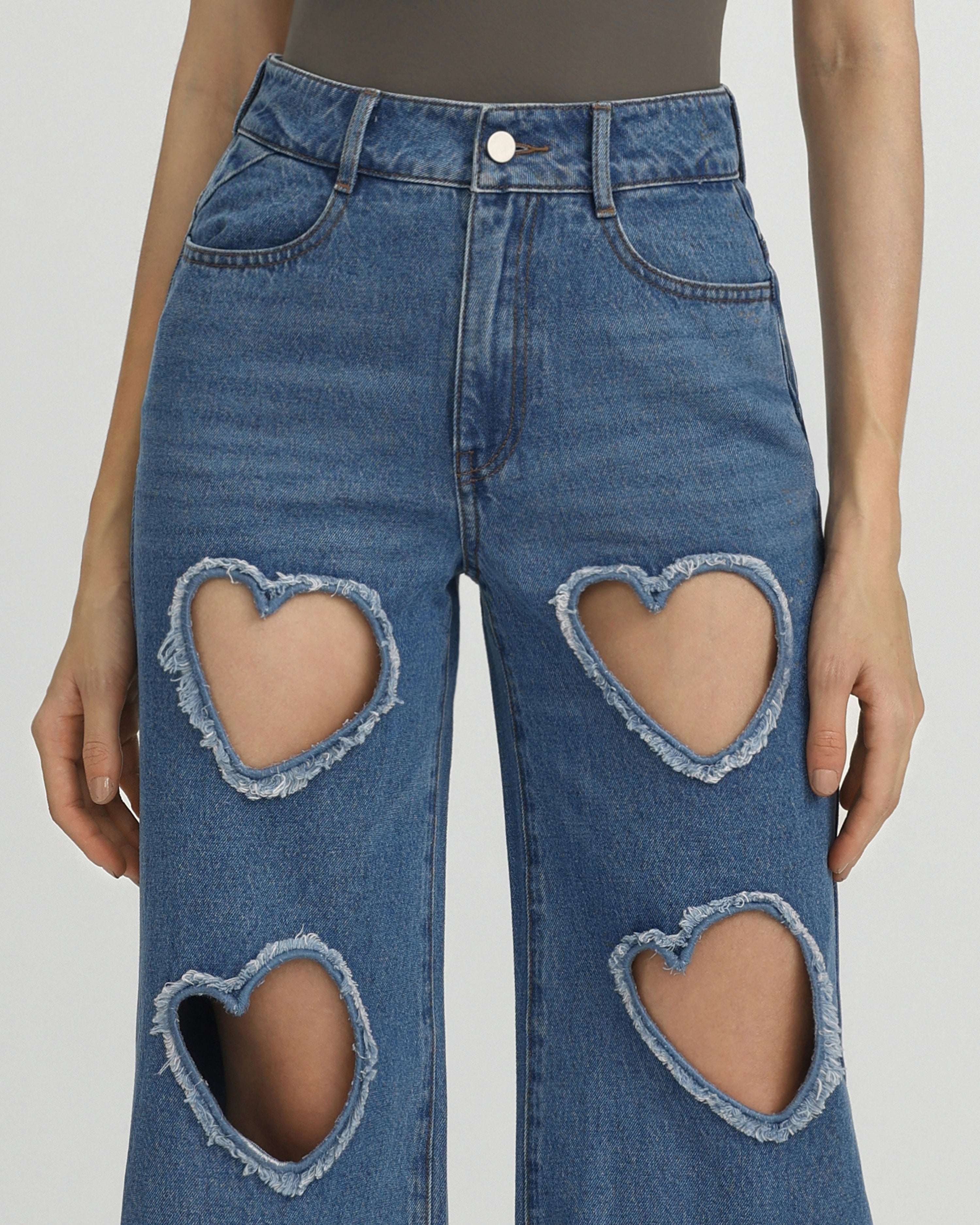 Sophia Embellished Heart Cut-Out Denim Jeans - Medium Blue