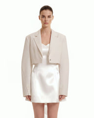 Structured Power-Shoulder Cropped Blazer - Beige