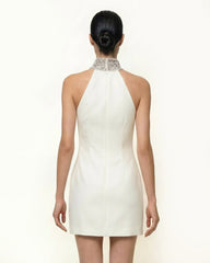 Jeweled Halter Iris Motif Dress - White