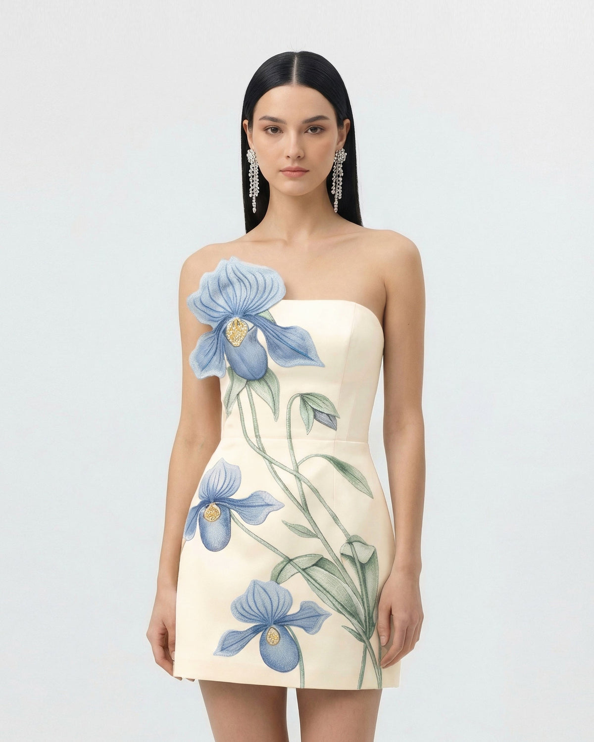 Slipper Orchid Appliqué Mini Dress - Ivory/Blue