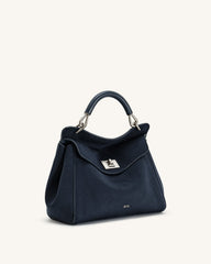 Lucia Classic Faux Suede Top Handle Bag - Navy Blue