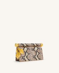 Holly Metal Pendant Embellished Snakeskin Clutch - Apricot
