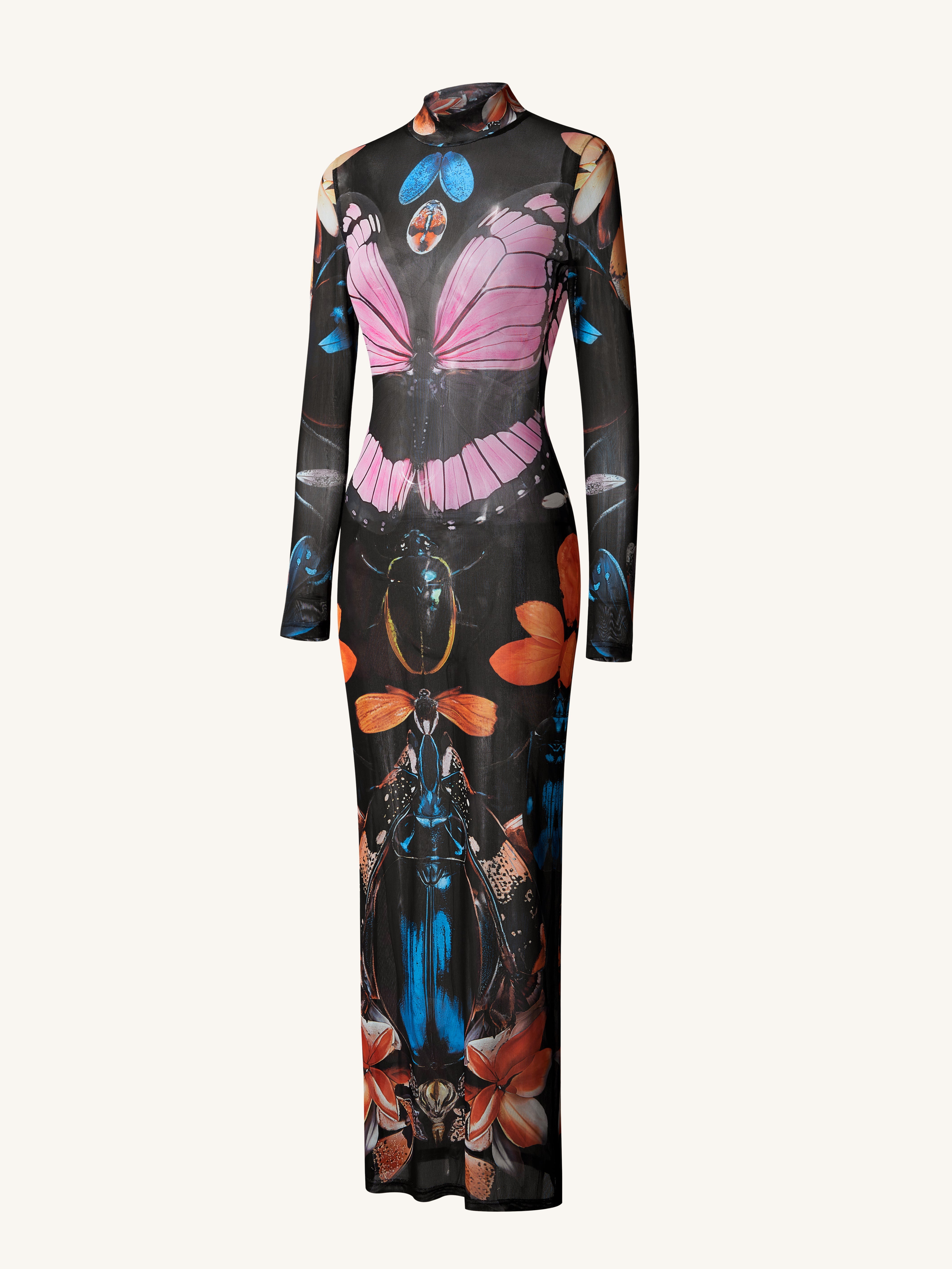 Sheer Butterfly and Beetle Gown - Multicolor