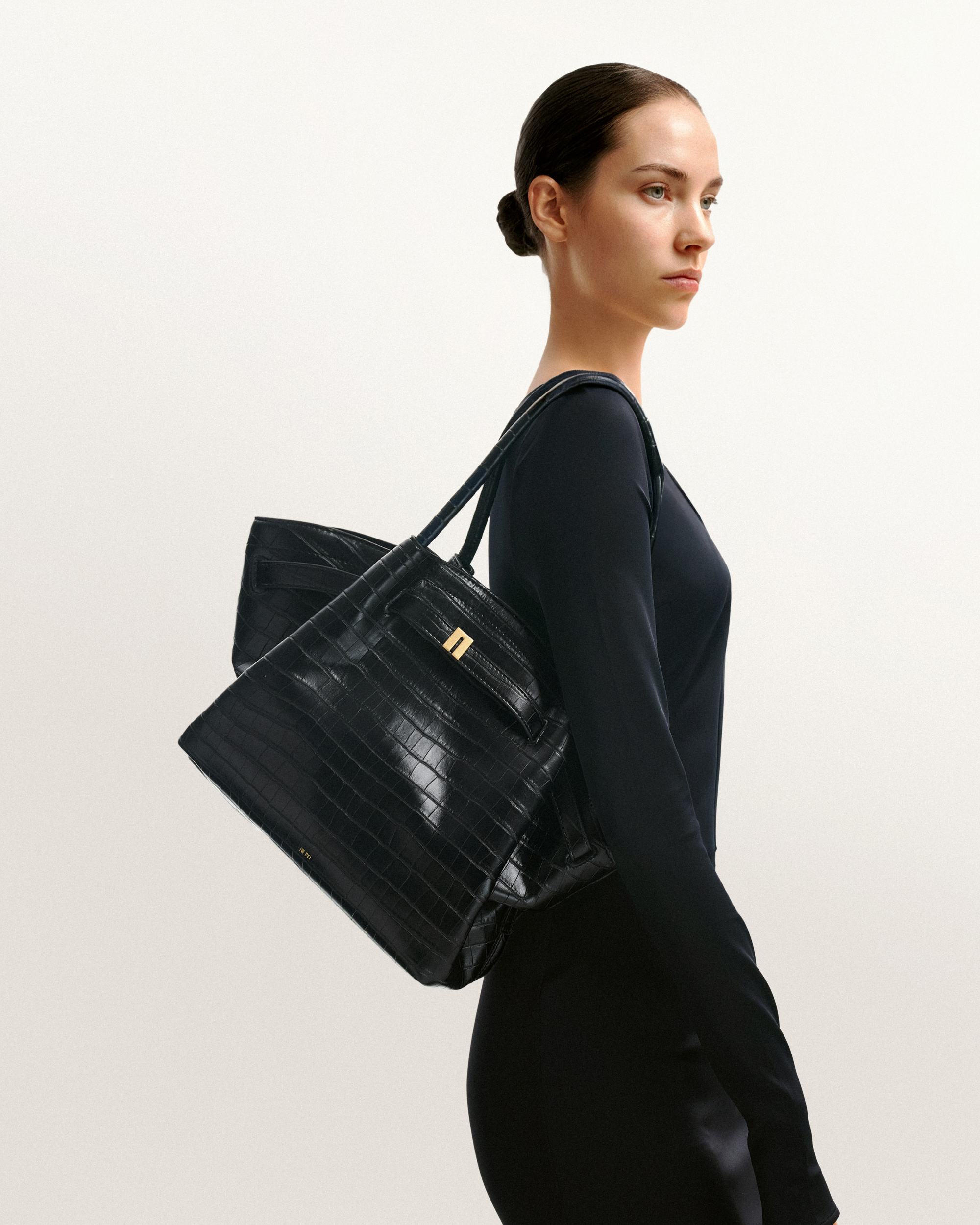 Hana Medium Tote Bag - Black Croc