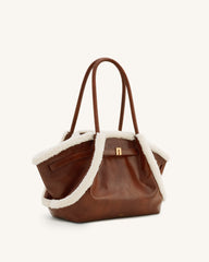 Hana Medium Faux Shearling Trim Tote Bag - Brown