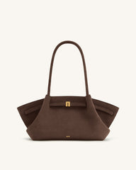 Hana Wide Faux Suede Tote Bag - Dark Brown