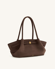Hana Wide Faux Suede Tote Bag - Dark Brown