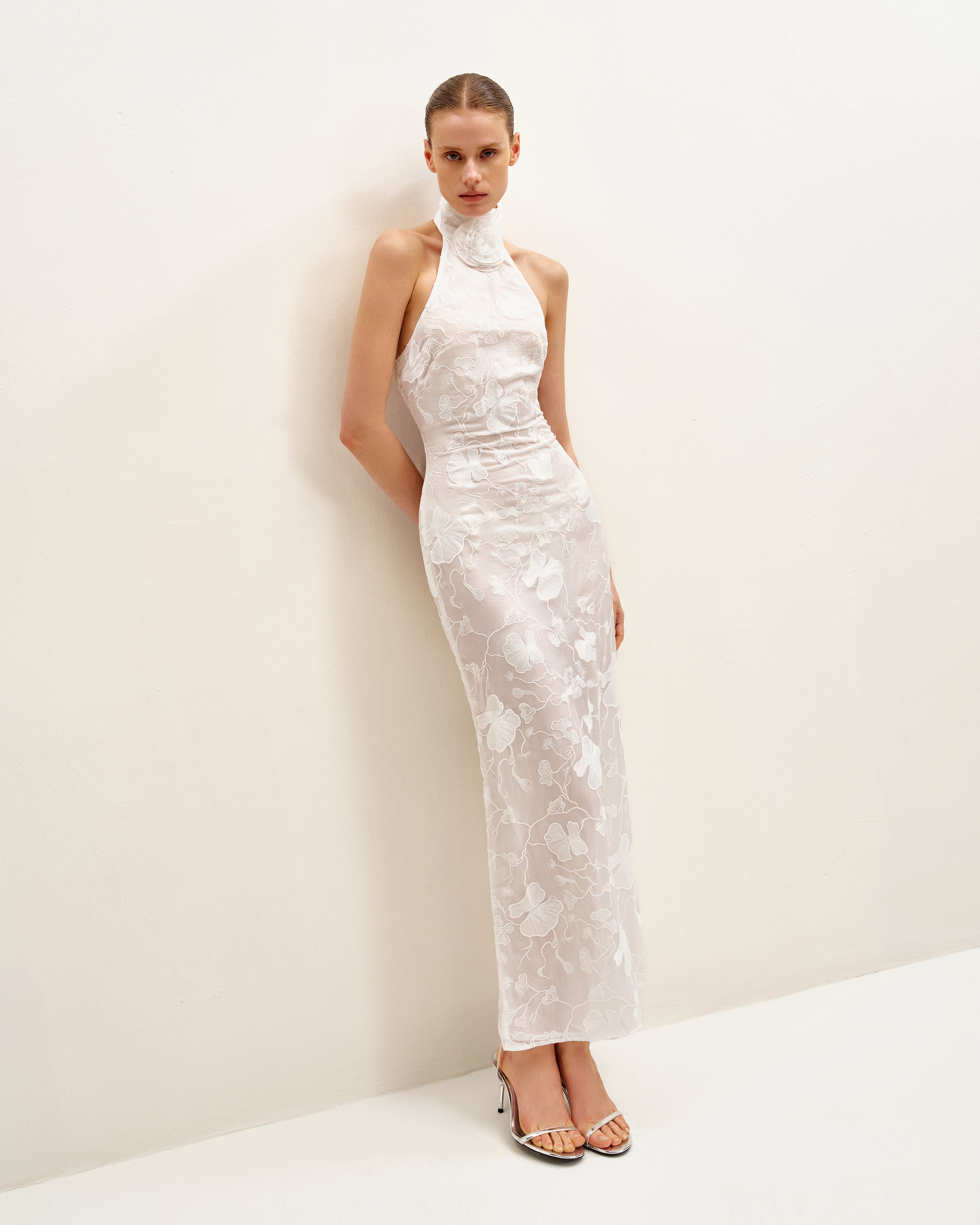 Uliana White Floral Lace Halterneck Maxi Dress - White
