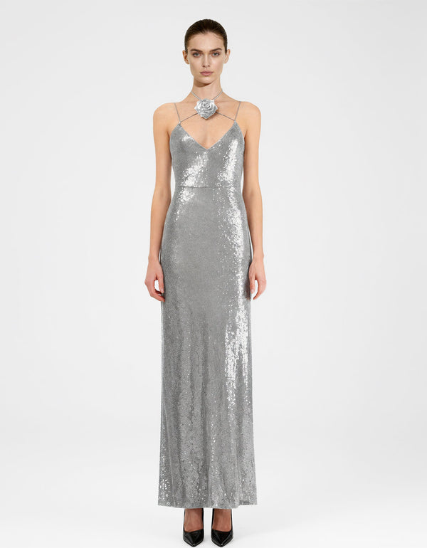 Heisey Silver Sequinned Rosette Maxi Dress - Silver