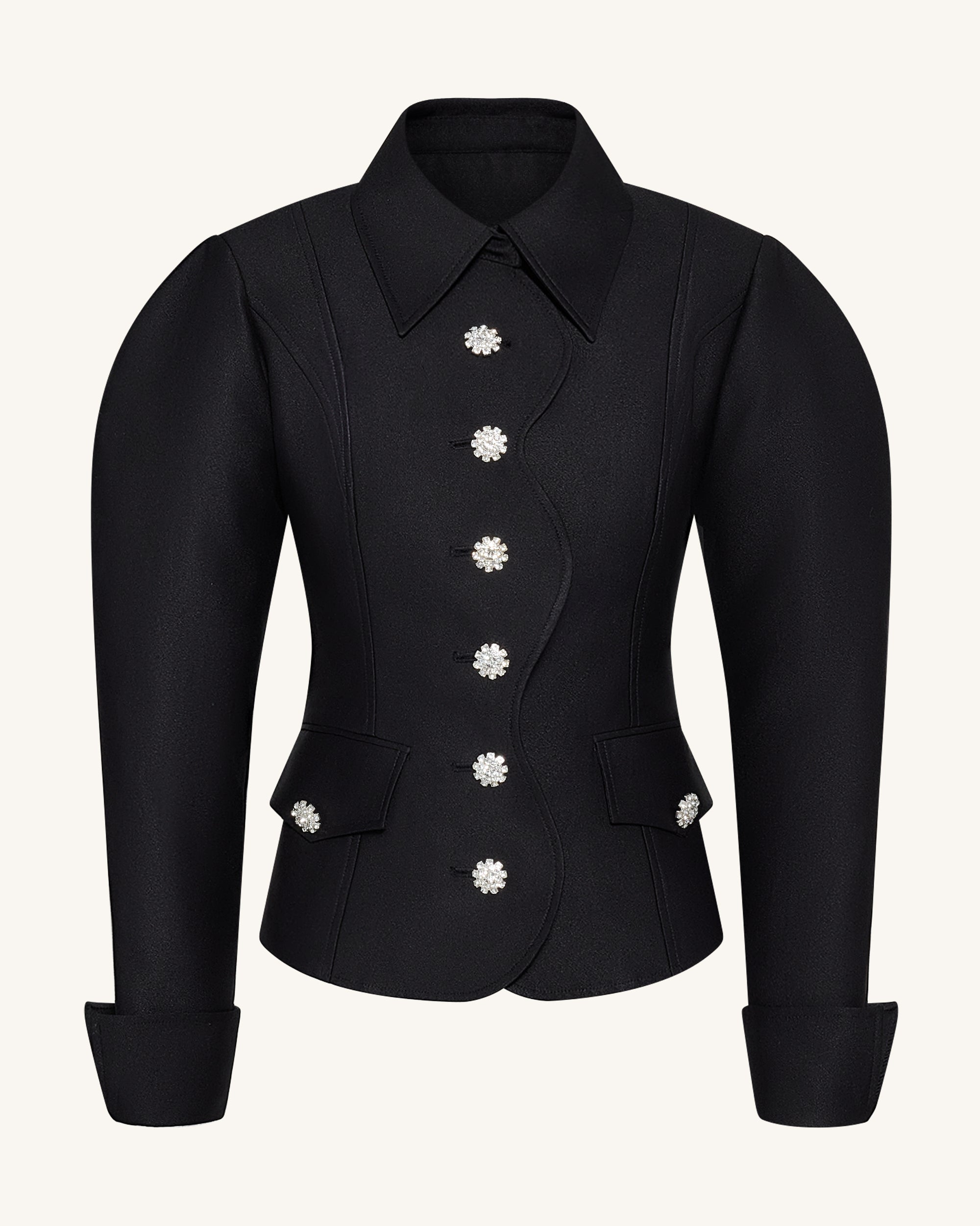 Scalloped Placket Leg of Mutton Blazer - Black