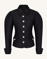 Scalloped Placket Leg of Mutton Blazer - Black