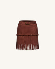 Western-Style Sueded Fringe Skirt - Burgundy
