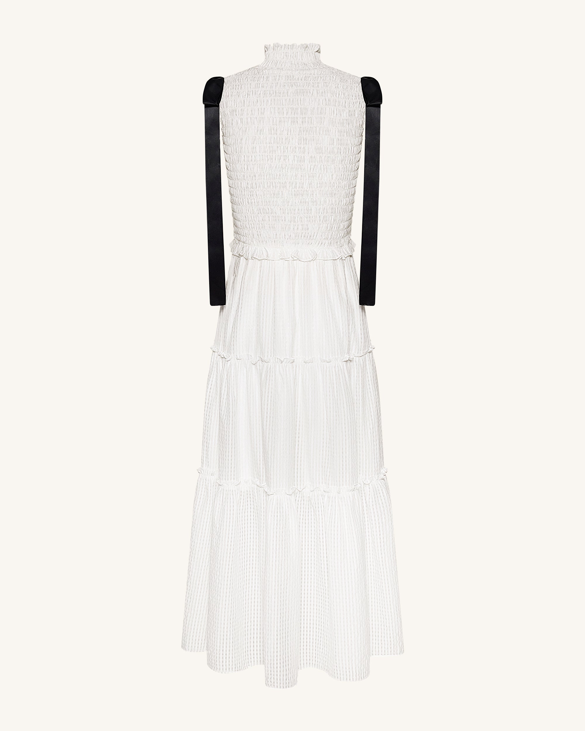 High-Neck Sleeveless Smocked Three-Tier Maxi Dress - White