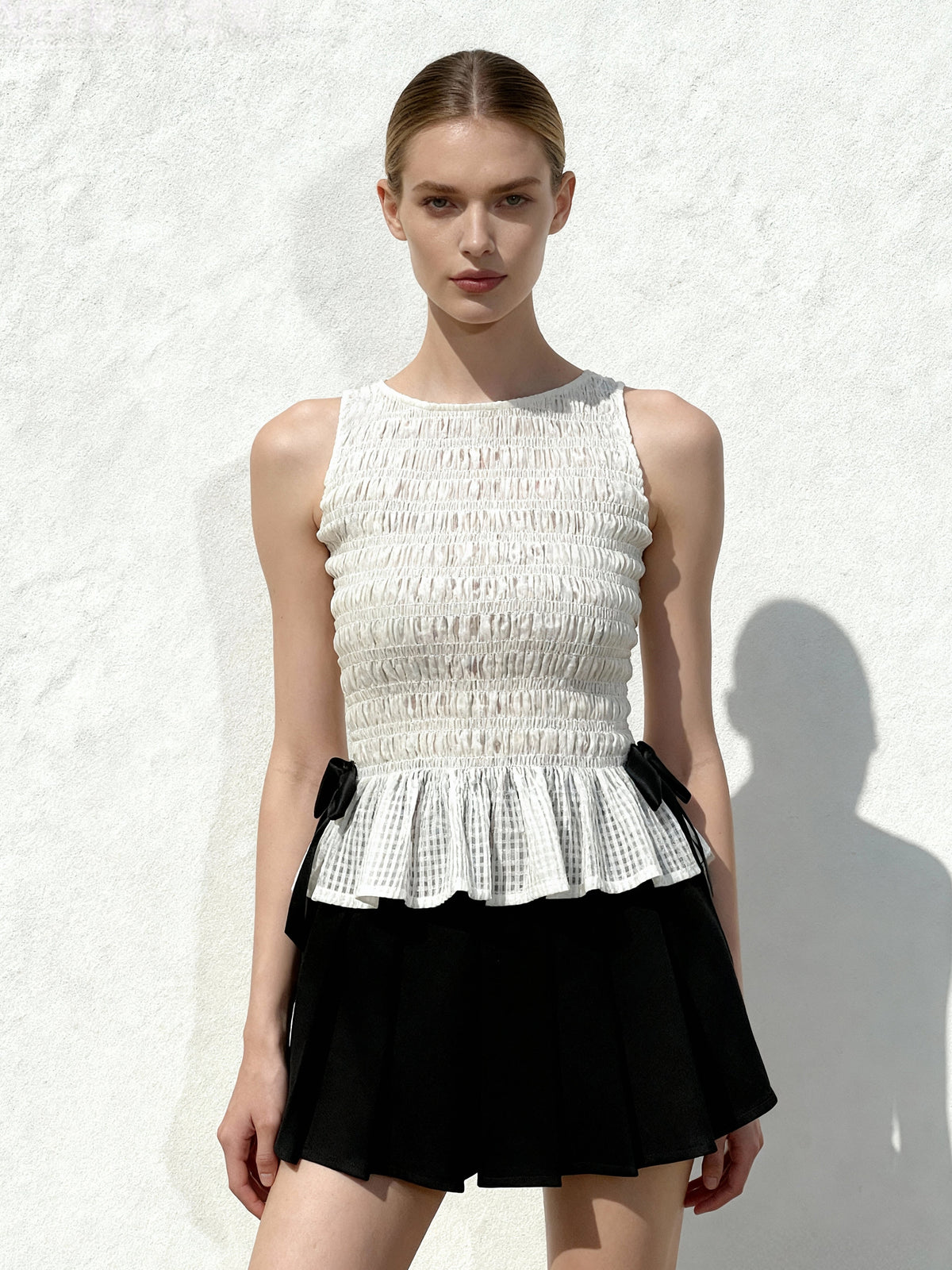 Smocked Peplum Sleeveless Top - White