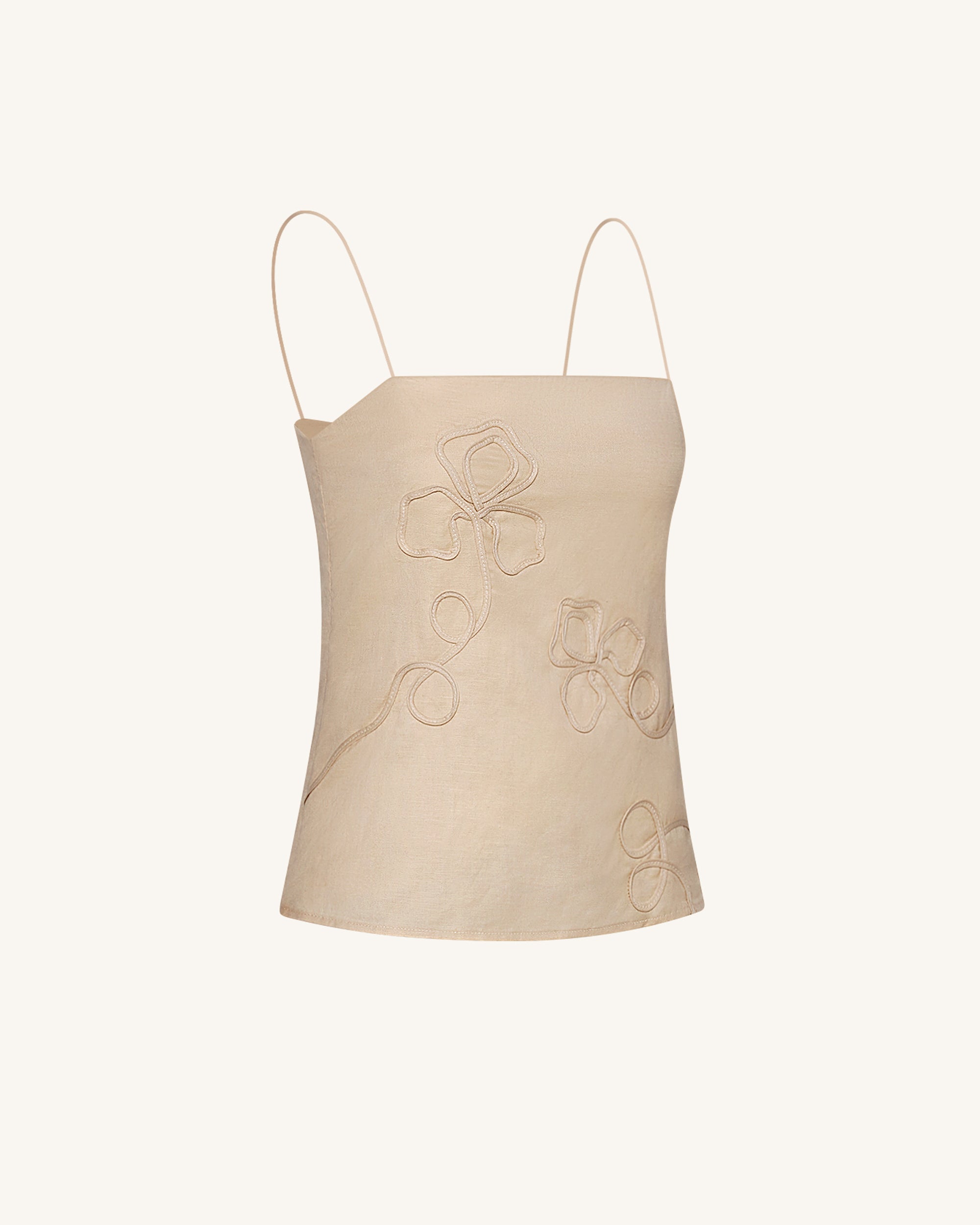 Linen Corded Embroidery Strappy Camisole - Natural