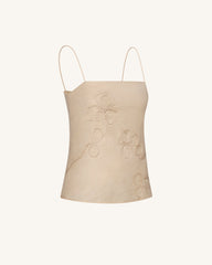 Linen Corded Embroidery Strappy Camisole - Natural