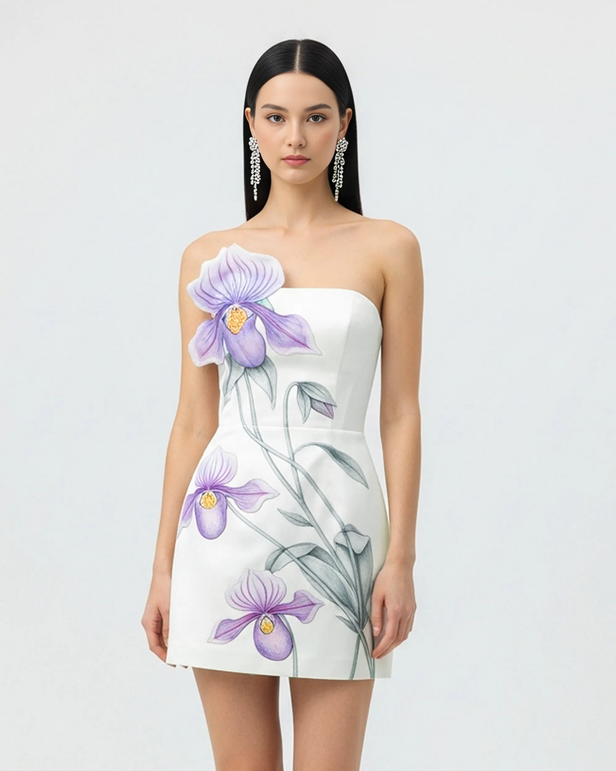 Slipper Orchid Appliqué Mini Dress - White